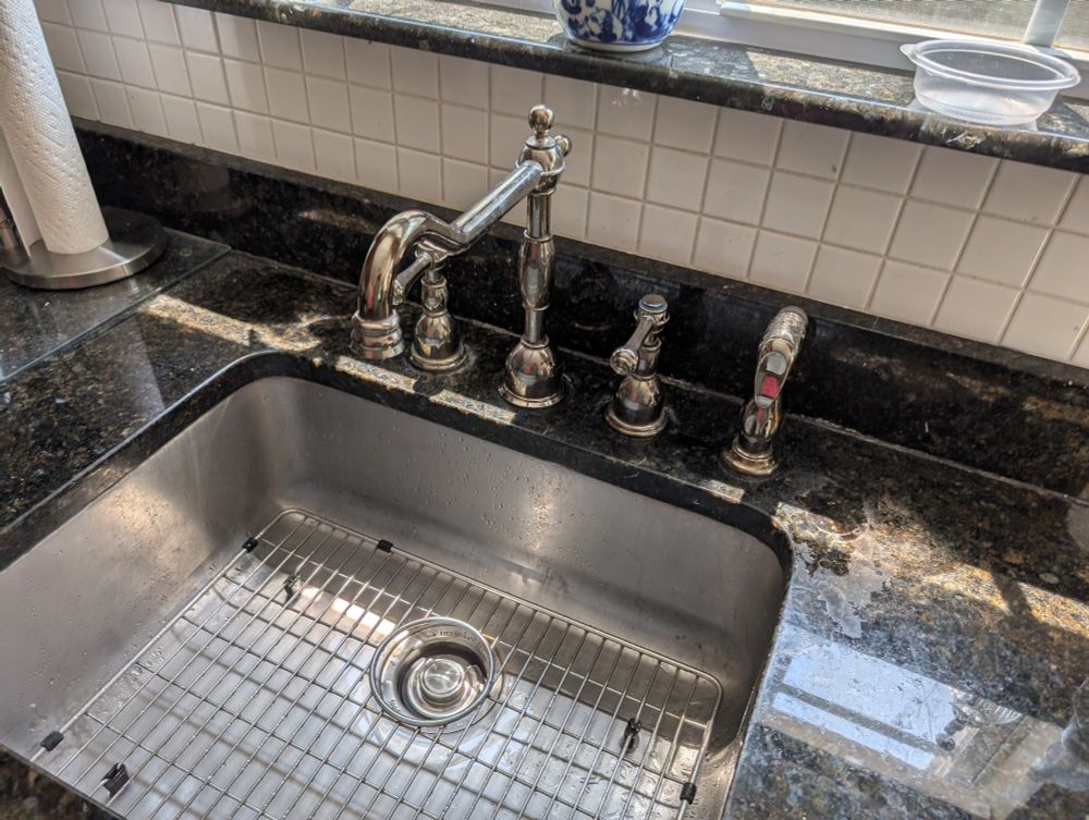 A Danze Opulence kitchen faucet with sprayer installed above a stainless steel sink.