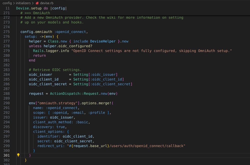 Ruby code which dynamically configures Devise + Omniauth reading from a Settings model.