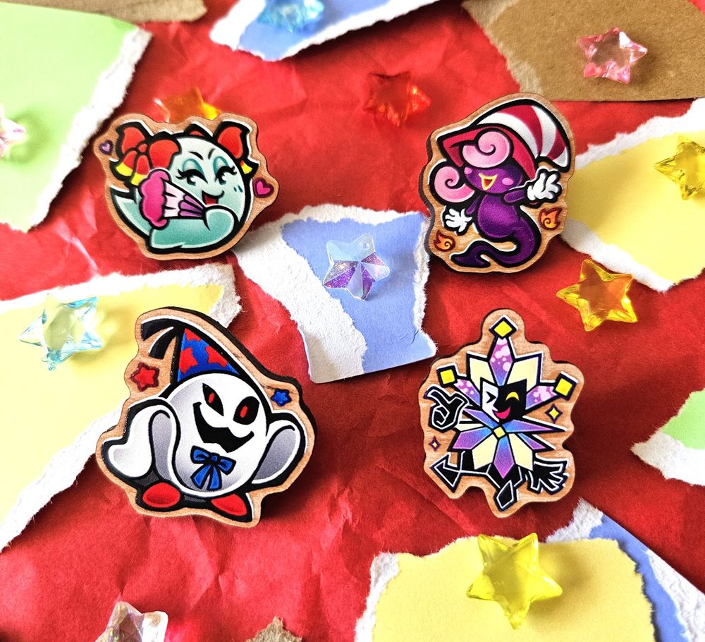 A set of four wood pins featuring the Paper Mario characters Bow, Vivian, Doopliss, & Dimentio.