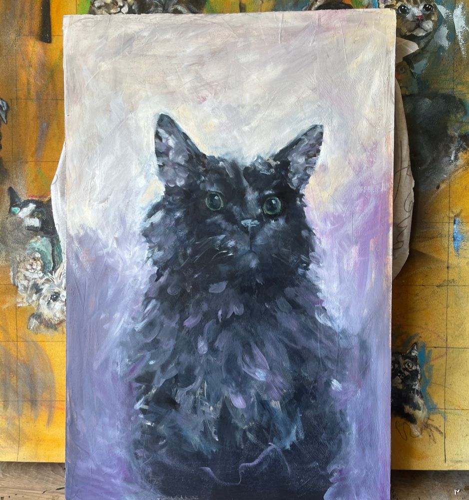 oil painting of a black cat