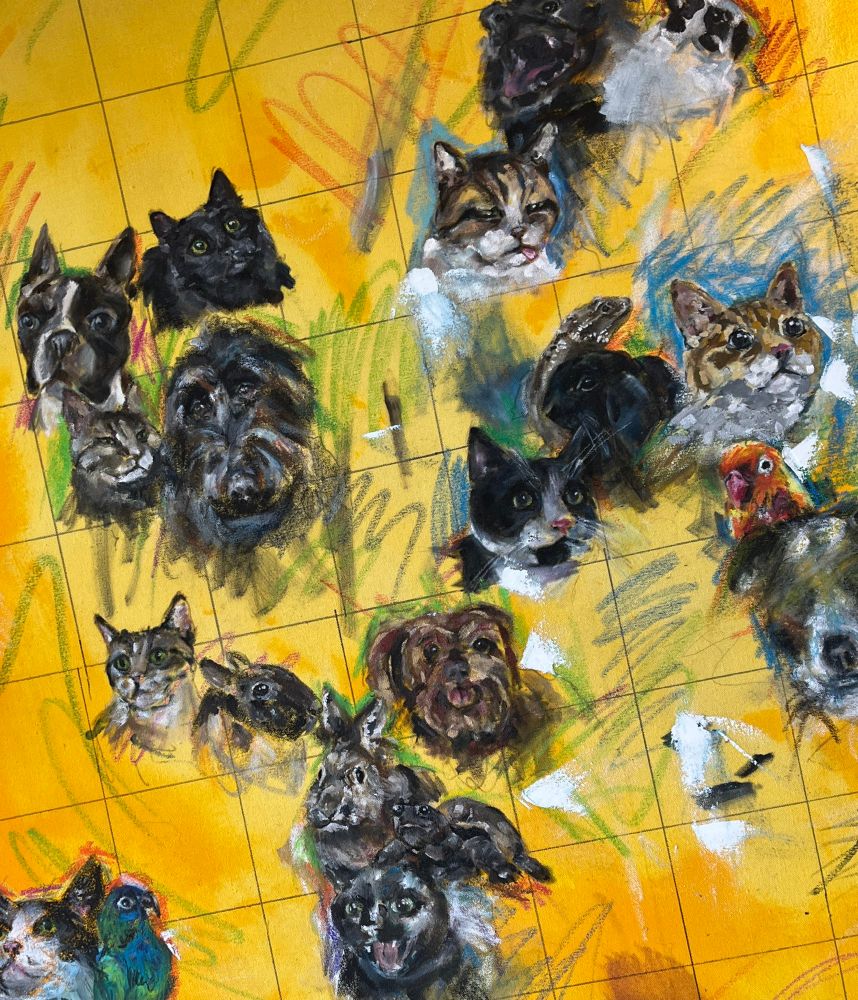 canvas filled with oil paintings of people’s pets