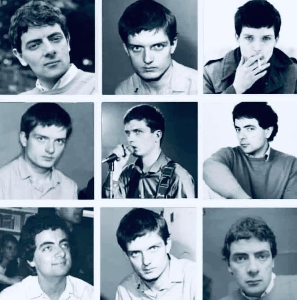 A grid of pictures of Ian Curtis with Rowan Atkinson mixed in 