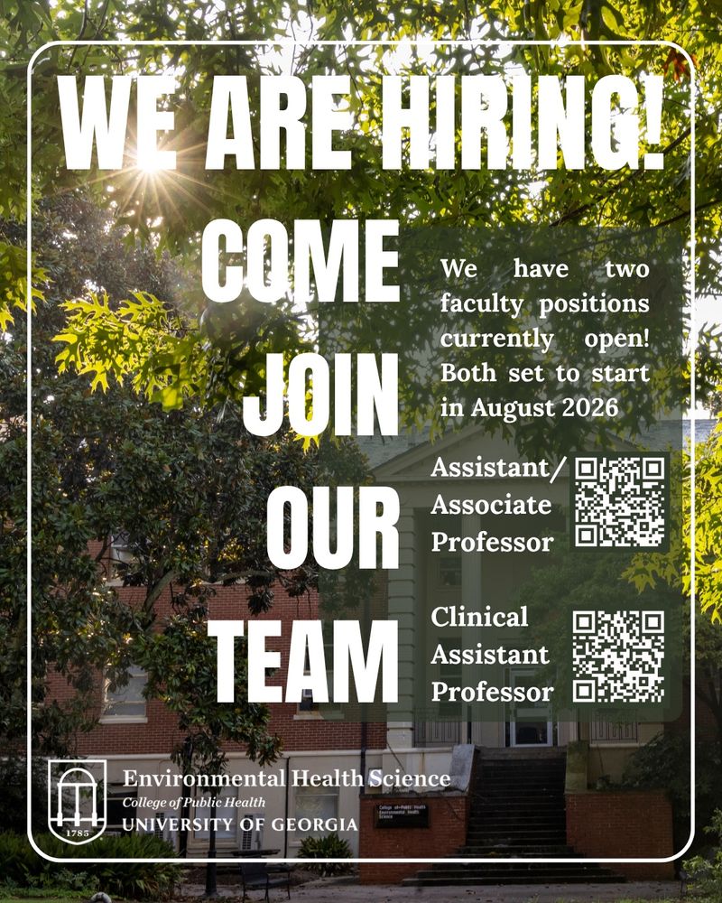 "We are hiring. Come join our team" against a picture of sun through trees over Environmental Health Science Building at UGA