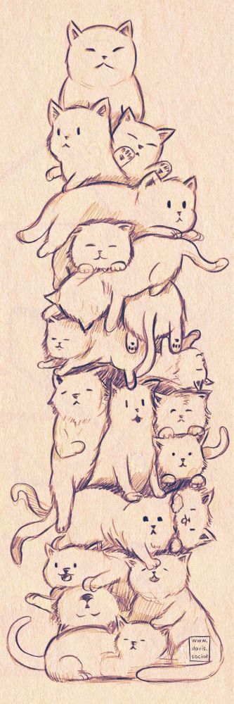 a roughly drawn digital drawing of many cats stacks on top of each other in a tower. the cats have various expressions and positions.