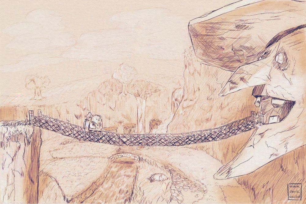 Banjo-Kazooie fan art. A digital sketch with a traditional appearance and purple-ish to yellowish hues. It depicts Banjo and Kazooie in a reimagined design, as they cross the bridge atop Spiral Mountain toward Grunty's Lair.
