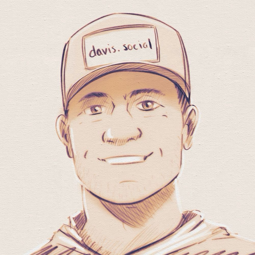 A monochromatic sketch of me from the previous image, plus wearing a baseball / trucker hat that has “davis.social” written on it