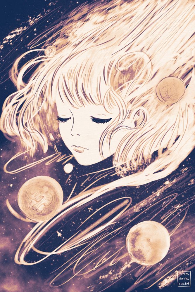 Digital drawing in dark purple, ochre, and white. A woman’s face with eyes closed floats in outer space surrounded by swirls and planets.