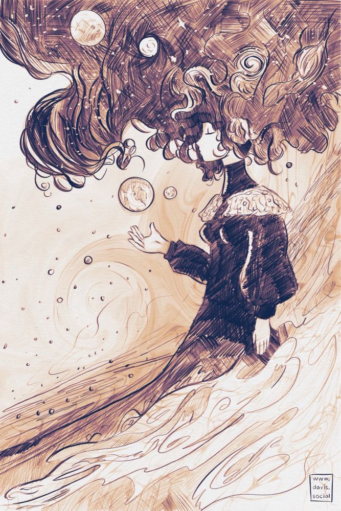 Digital drawing with traditional appearance. A woman in a black dress that covers everything but her head and hands. Her hair spreads into a vast universe above her, she is one with it. She has one hand up turned up towards a planet that hovers above. Her eyes are closed. Other planets and stars and galaxies swirl around her.