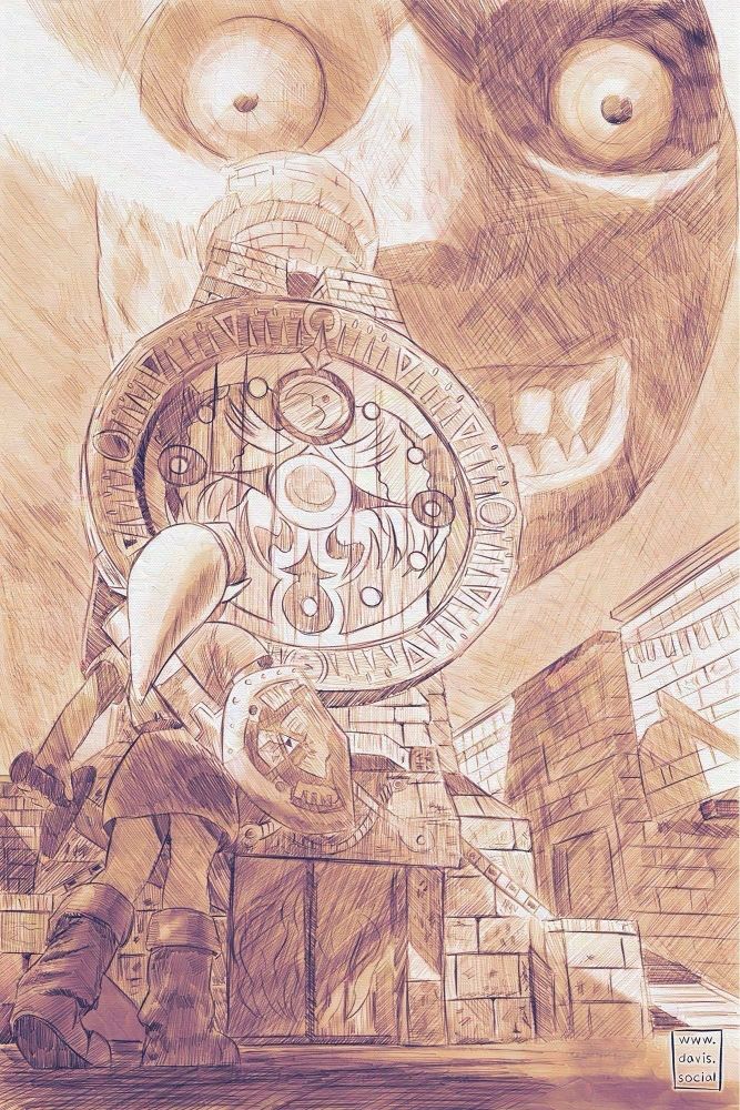 Digital illustration with a traditional appearance of purple and yellow-orange hues on canvas. The setting is Clocktown, from The Legend of Zelda: Majora's Mask. A low view of Link stepping away cautiously while looking up past the clocktower at the massive and menacing moon that will soon crash down on Termina.