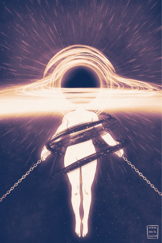 Digital painting of an ethereal woman shackled in outer space, her head replaced by a black hole. The black hole's radiating energy merges with the cosmos, while dark bands swirl around her body, symbolizing entrapment. The image conveys the idea that absolute certainty is a mental prison, with the woman’s chains and the black hole illustrating the constraints of rigid thinking.