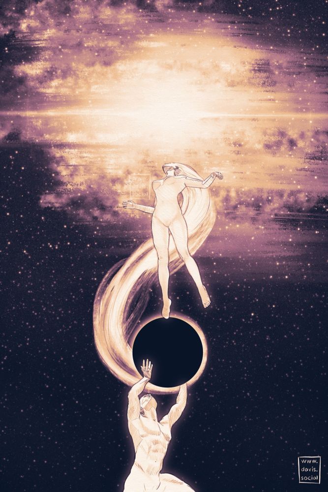 Digital illustration of a man and woman celestial beings. Near the bottom, the man is lifting a pure black orb, somewhat like a black hole, above his head. Above the orb, the woman lifts weightlessly toward a bright galaxy and space dust, her bright hair flowing downward and encircling the black orb. 