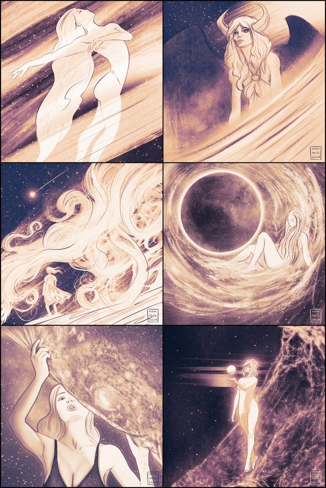 A 2x3 grid of 6 artworks with glowing celestial beings in various situations and the same color gradient of purple and yellow. 