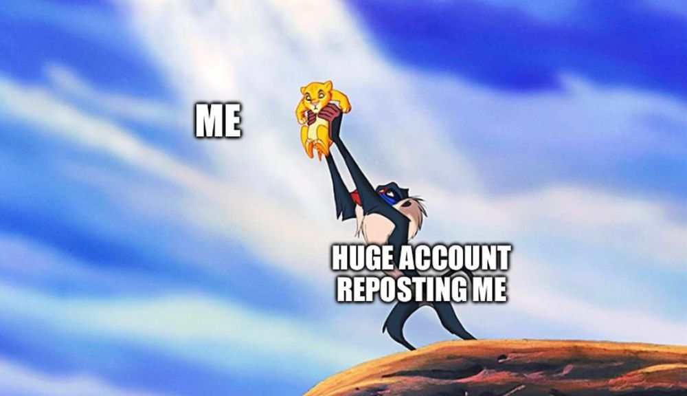 Screencap from Lion King of Rafiki holding up Simba. It says “Me” by Simba and “huge account reposting me” by Rafiki.