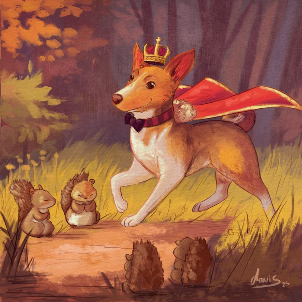 Digital painting. A basenji dog with a royal cape and crown is prancing happily through a wooded area while squirrels stand solemn in deference to their passing king.