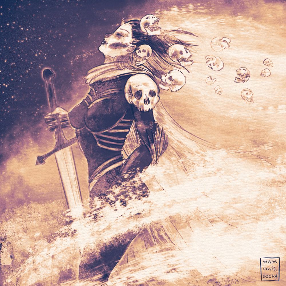 Digital illustration in dark purple, ochre, and white. A woman stands in a celestial storm with her head back, and skulls drifting away from her head. She has face paint to resemble a skull and holds a large sword.