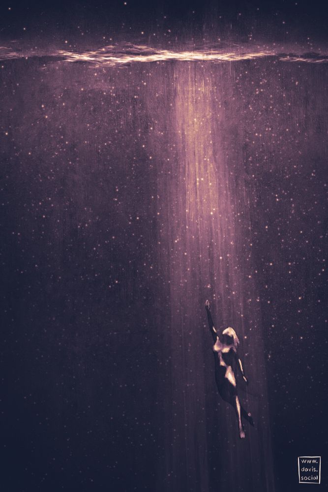 Digital painting in dark purple and ochre. The implied shape of a woman is reaching upward from deep below water’s surface. The scene is ethereal and cosmic.