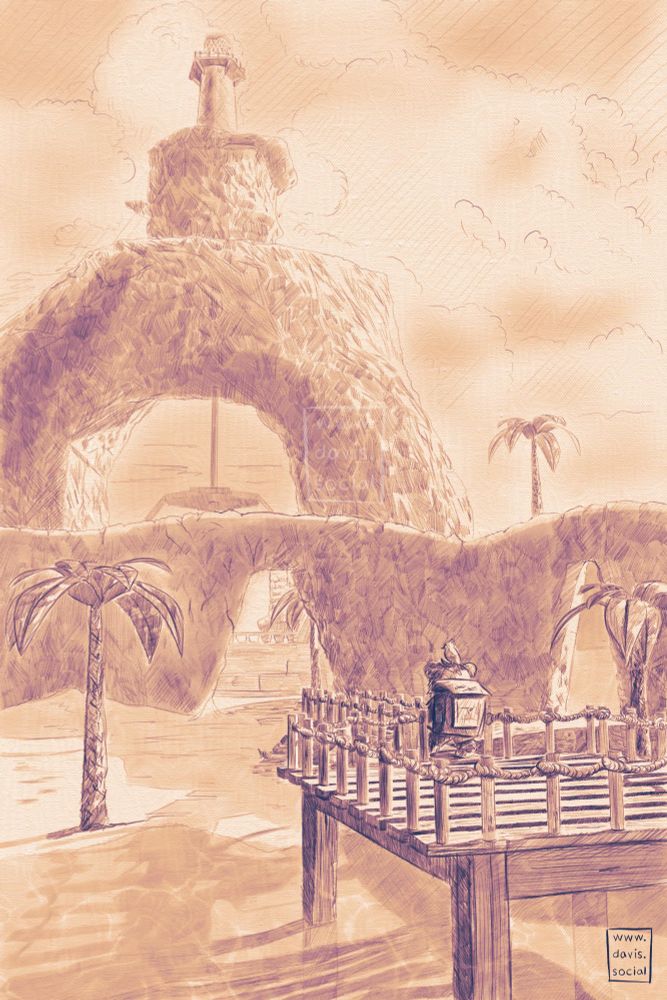 a digital illustration of treasure trove cove from banjo-kazooie. The view includes the beginning dock area, rock formations, a beach, palm trees, and a distant lighthouse on top of a cylindrical rock formation on top of an arch-shaped rock formation.