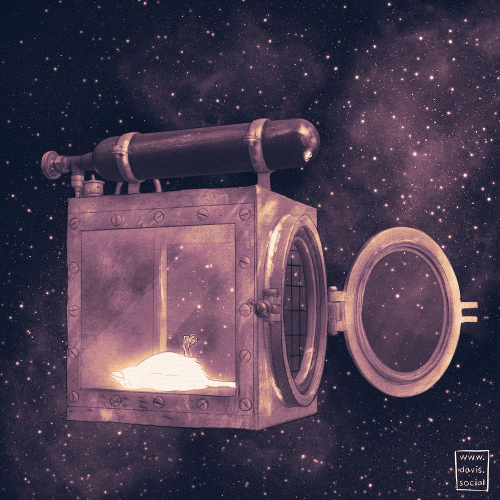 Digital illustration in deep purple, ochre, and white. A dead canary lies inside a vintage canary resuscitator with an attached oxygen tank, drifting in space. The round door is left open, and the lifeless bird is visible through a side window.