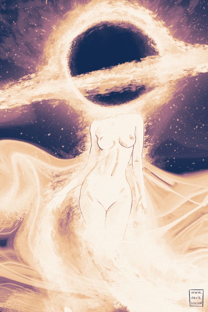 "pull of identity"

Surreal artwork in dark purples, ochre, and white. A nude, feminine figure with a black hole in place of a head, surrounded by swirling cosmic energy and stars.