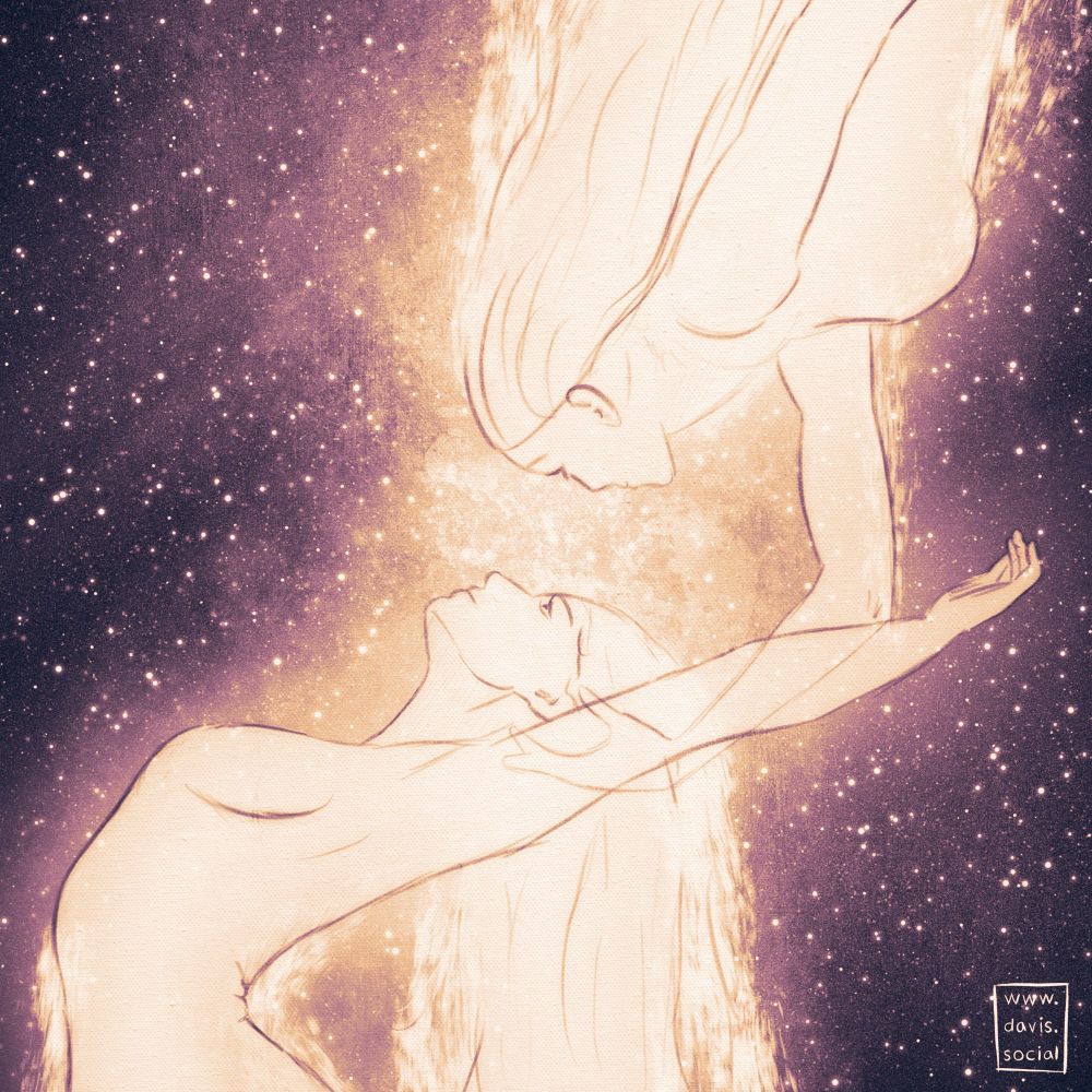 Digital illustration in deep purple, ochre, and white. Two ethereal, glowing figures reach toward each other in a star-filled space, their hair flowing upward and downward as if merging with light.