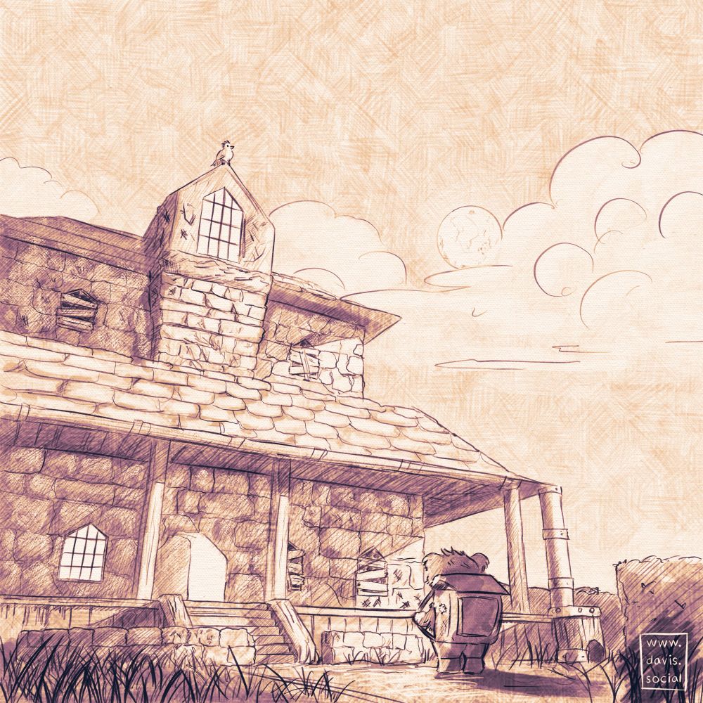 Digital illustration with heavy hatching in purple and ochre colors. A reimagined design of Banjo from Banjo-Kazooie looks toward a haunted mansion that is boarded up. Kazooie, a bird, sits perched at the top of the mansion.