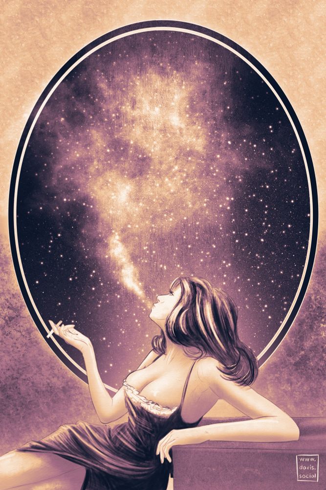Digital art in deep purples and ochre. A woman in a black dress leans back, holding a cigarette, exhaling a cloud of smoke that transforms into a star-filled galaxy within an oval frame.