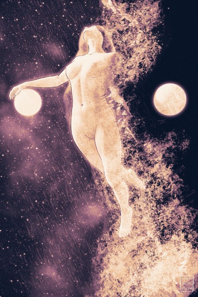 "Salpingectomy":
A surreal digital artwork of a woman floating in space, surrounded by cosmic dust. Her left arm is missing. She reaches toward a glowing orb with her right arm, with an orb on the left side, floating away. The scene has a celestial atmosphere with stars and rain-like streaks.