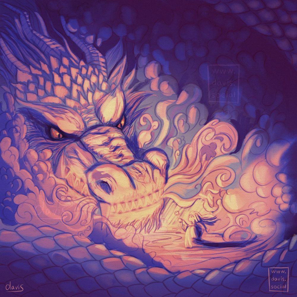 Predominately purple illustration with a massive dragon looking closely at a small child who is offering a flower to the dragon