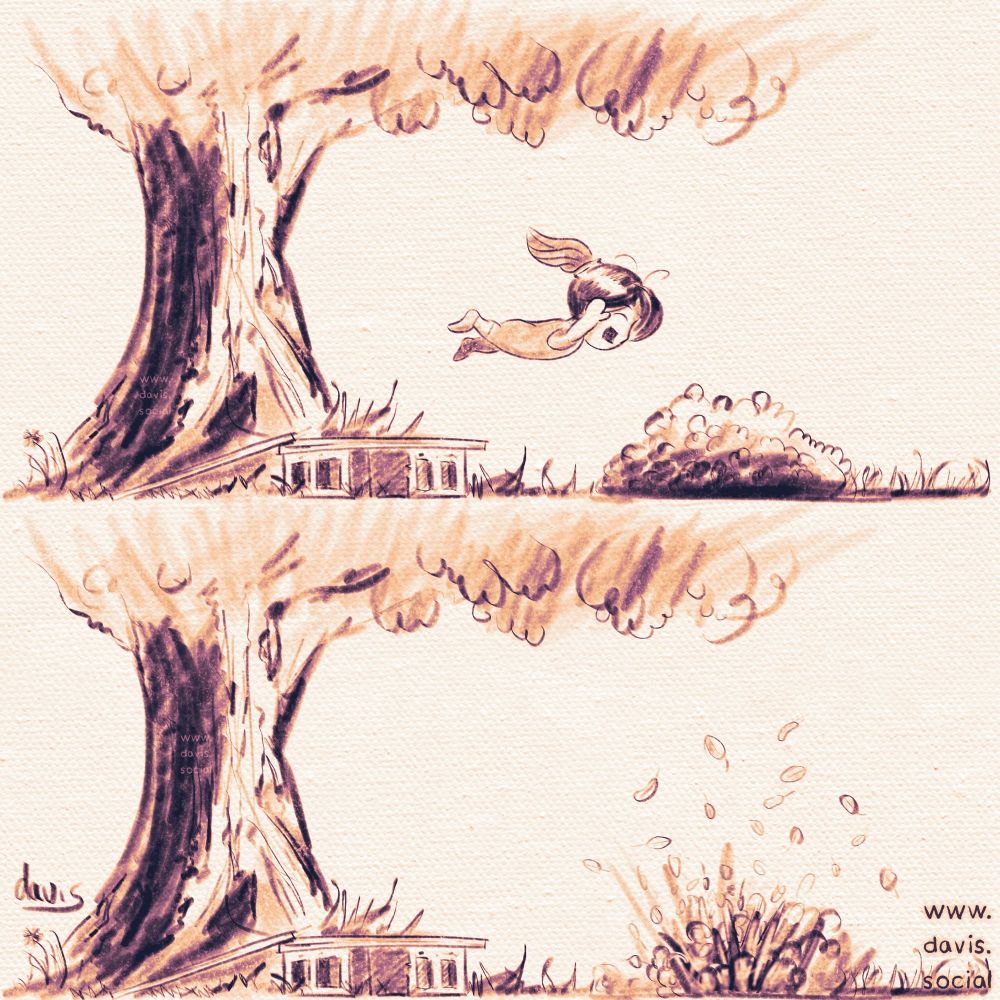 A girl jumps from a small platform into a pile of leaves