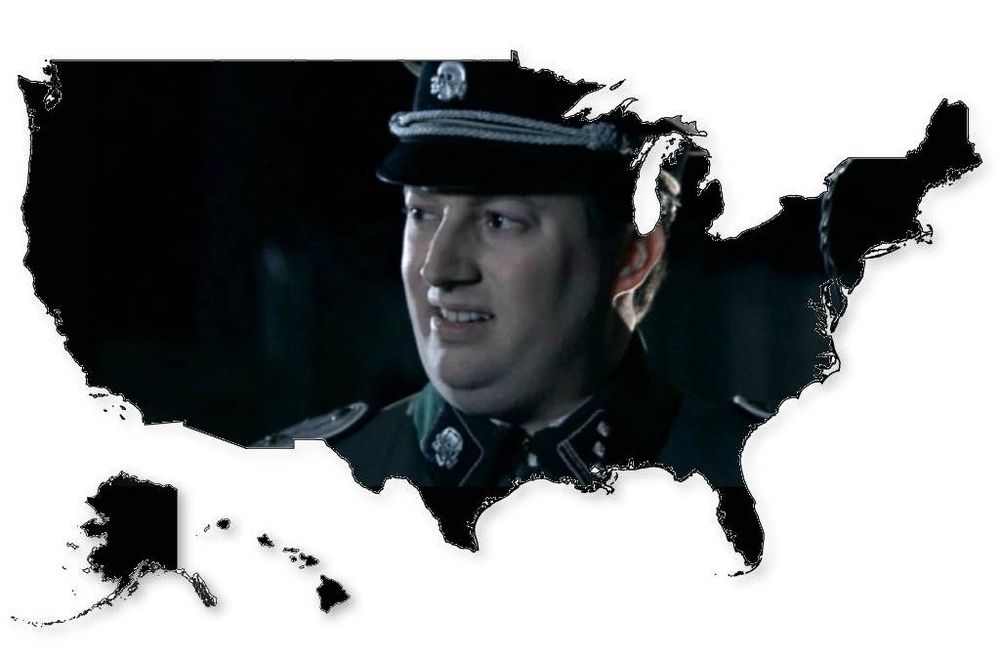 a map of the united states, but David Mitchell's meme of "are we the baddies" is filling the map.