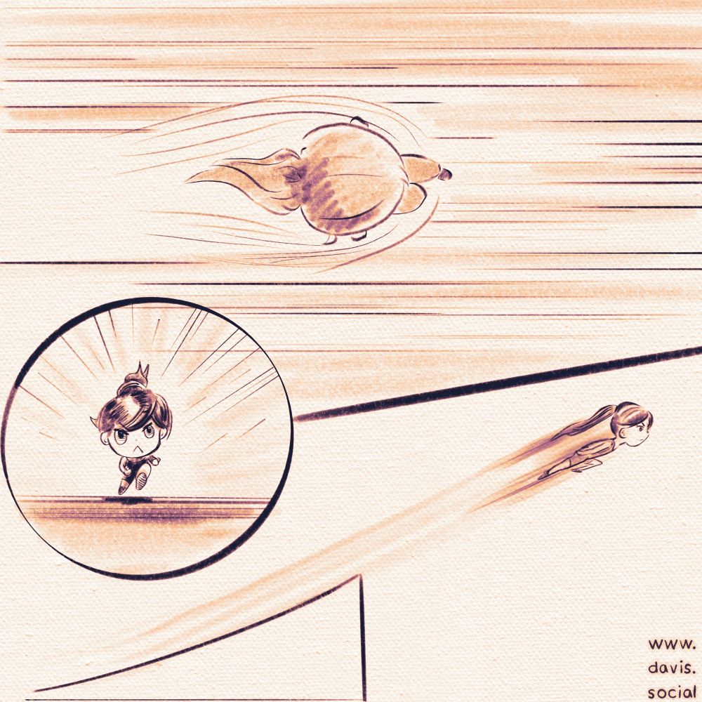 Comic panels of a girl running very fast and jumping from a ramp