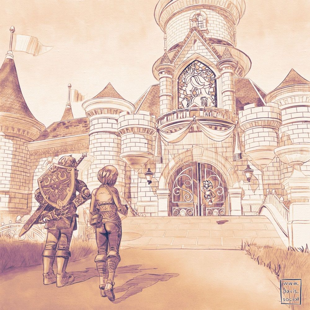 A digital illustration, a low angle showing Link and Zelda facing away. Link has his hands on his hips, Zelda is tilting her head looking at a map. In the background is Peach’s Castle, from the Mushroom Kingdom. Mario, in his boxers, is jumping angrily from the castle’s bridge toward Link and Zelda. Peach is on the castle balcony looking shocked with her hand over her mouth.