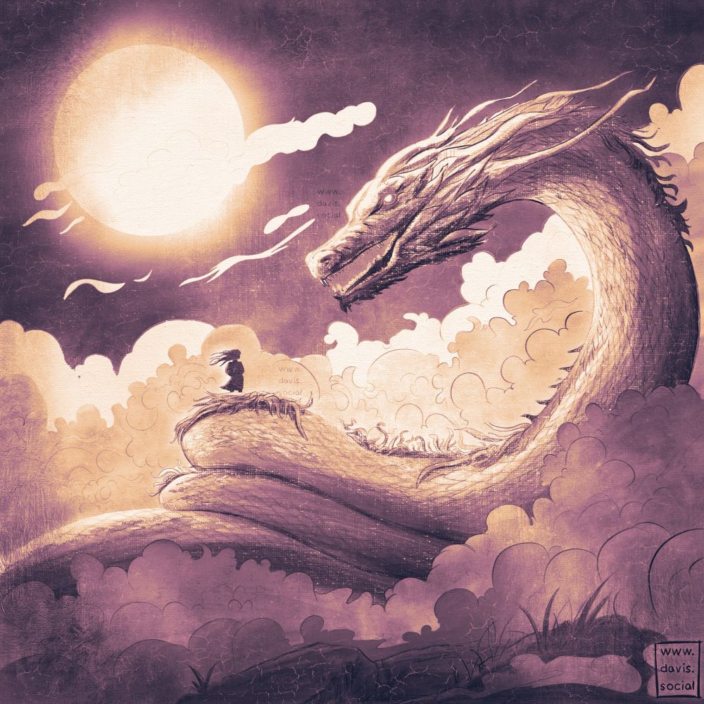 A digital illustration in deep purples and ochre.

A moon glows on a massive dragon in the clouds. A dark figure stands on the body of the dragon while the dragon gazes in their direction.