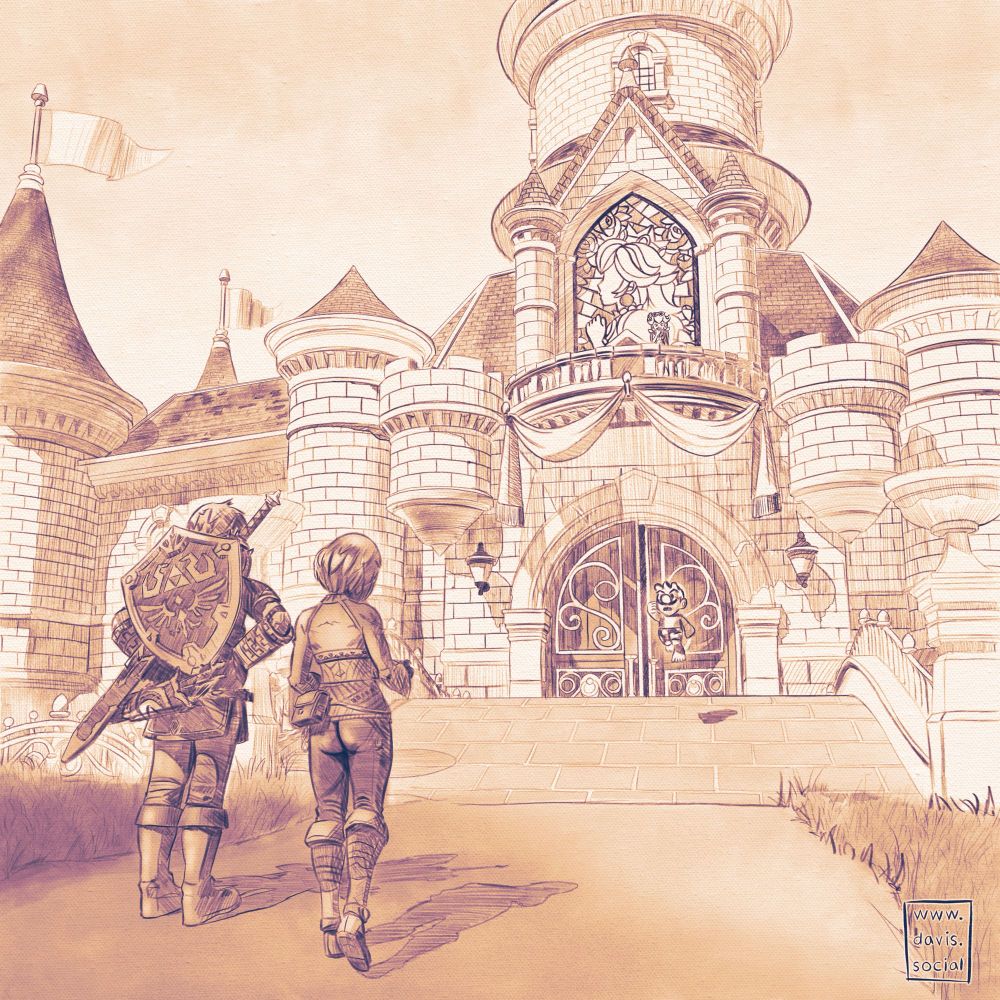 A digital illustration, a low angle showing Link and Zelda facing away. Link has his hands on his hips, Zelda is tilting her head looking at a map. In the background is Peach’s Castle, from the Mushroom Kingdom. Mario, in his boxers, is jumping angrily from the castle’s bridge toward Link and Zelda. Peach is on the castle balcony looking shocked with her hand over her mouth.