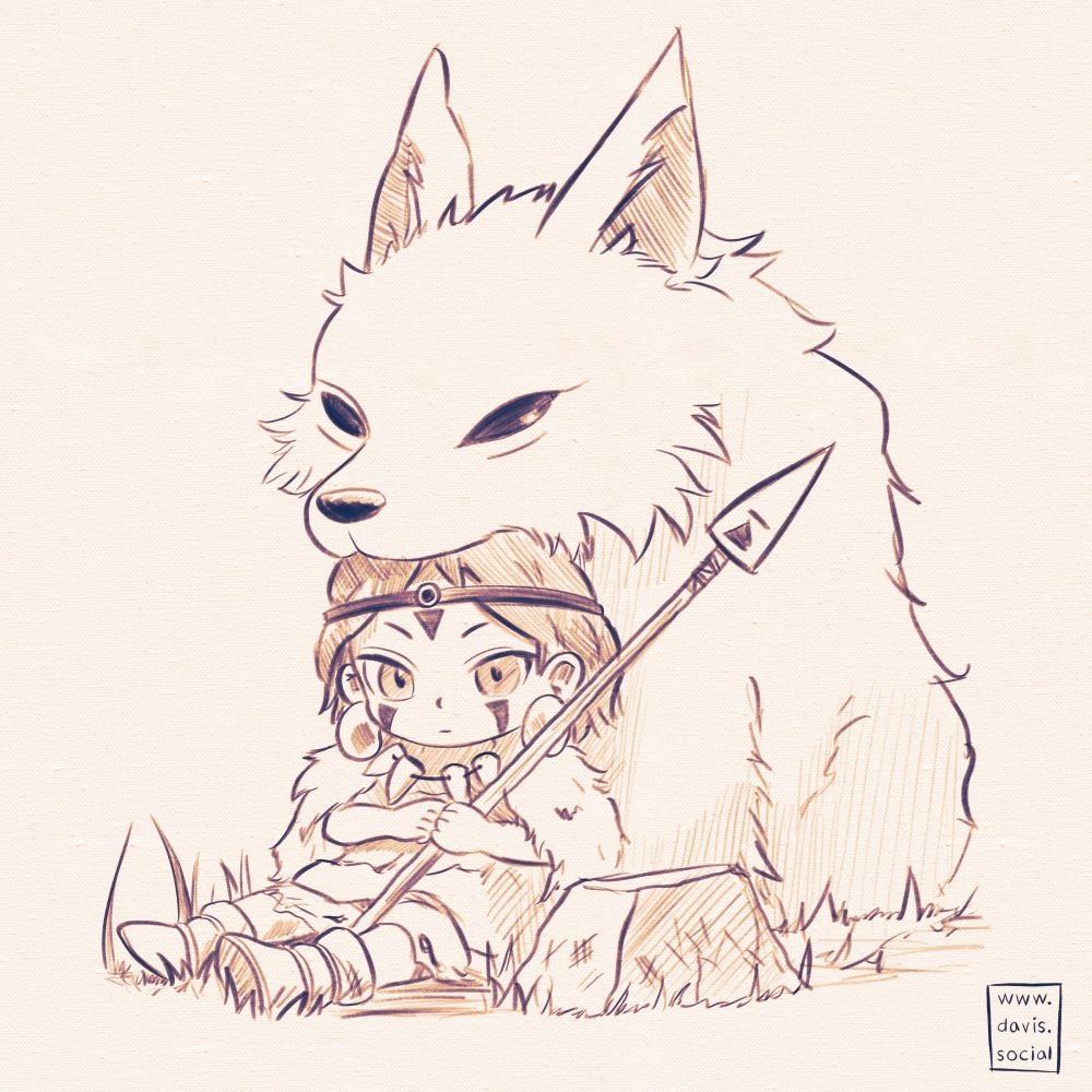 Princess Mononoke fan art. A chibi San sits on the ground with her legs extended outward, while holding her spear. Moro sits behind her with chin resting on San's head, looking a little bored.
