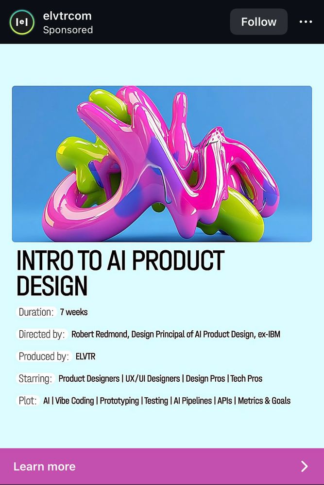 Screenshot of an ad for AI product design and the “product” looks like a melting neon abstract art installation.