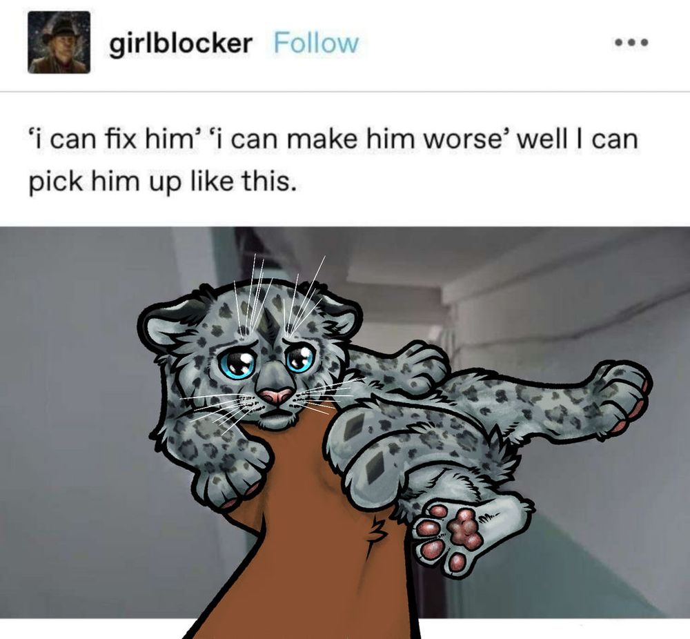 a tumblr text post with the world "i can fix him" "i can make him worse" well i can pick him up like this. with the image of a kitten being held up in a silly pose, drawn over as a snow leopard kitten with two tails. it looks upset at being held like that