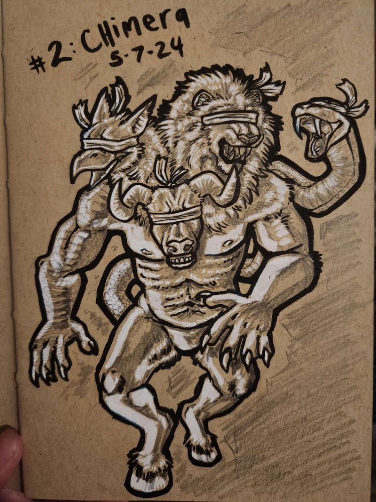 a monochrome pencil, ink and white paint fullbody illustration of a anthropomorphic chimera. the left head is of an eagle, the middle and lowest is a bull, the right one is a lion, and their snake tail is held up near their heads. all heads are wearing blindfolds, and striding menacingly towards the viewer