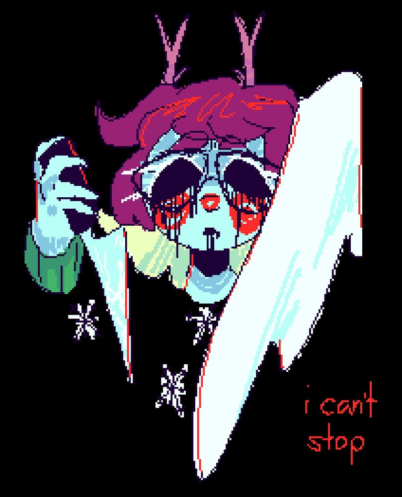 a closeup of a fusion of noelle holiday from deltarune and chara dreemurr from undertale. 
their cheeks and nose are red, and their eyes and mouth are blacked out and "leaking". they are holding a knife facing towards them, with ice crawling on the blade. the wing on their left side (viewer's right) is folded over, partially covering their side. snowflakes are falling from them. 
red text in the bottom right corner reads "i can't stop".