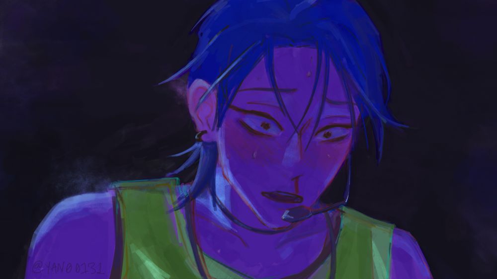 A coloured drawing of Till from Alien Stage. He has a mixed expression- something between horror, shock and awe, with a heavy blush. His nose is bleeding, and he's wearing his outfit from round 7. The colours are dark and highly saturated, using mostly blues and purples along with the green of his top.