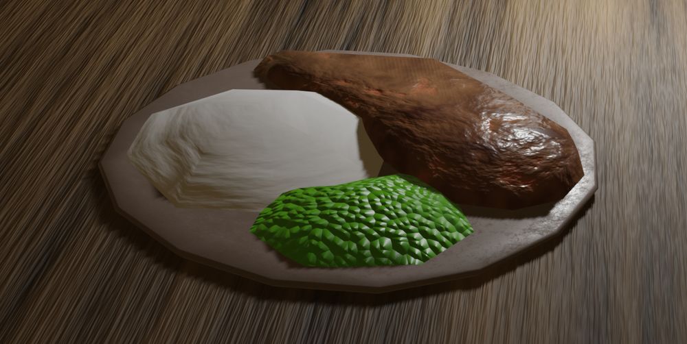 Plate of low-poly food. A piece of cooked nonspecific meat next to a piles of mashed potatoes and green peas. Tri count: 215.