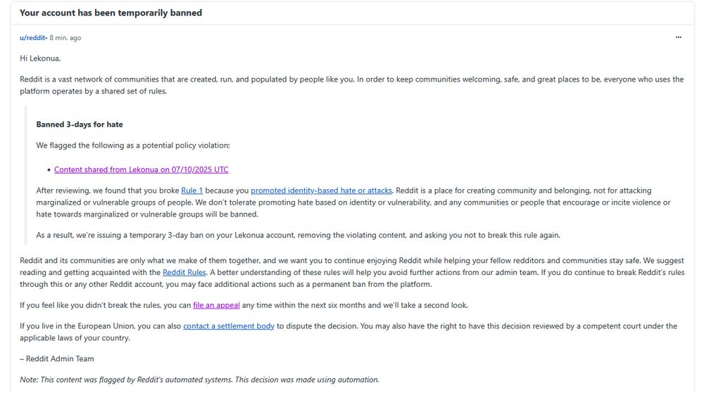 Reddit screenshot. I got banned for 3 days for joking about how ignorant bigots should protest teaching base 10 in math classes because it's "non binary."