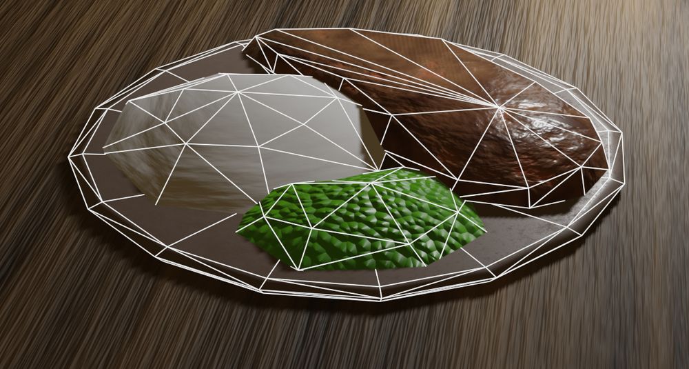 Low poly food plate with wire frame visible. This one actually has even fewer triangles because I realized I forgot to clean up some extras on the plate. Count is now 167.
