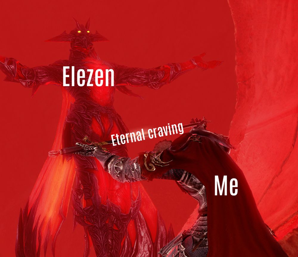 A knight is kneeling before his master and offering his sword for the master's blessing. Text on the master reads "Elezen", on the sword reads "Eternal craving", and top of the knight reads "Me". Recreation of Master's Blessing by Diana Franco. 