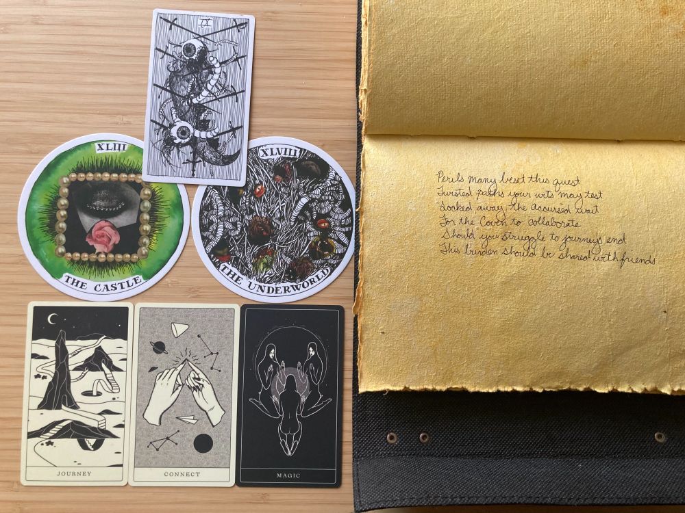An oracle spread and interpretation.
At the top, the IX Swords. A claw, covered in maggots and eyeballs, pierced through with nine swords.
In the center, The Castle. A closed eye surrounded by a wall of beads. The Underworld, worm-ridden grasses.
At the bottom, Journey. Twisting paths through a jagged, cratered landscape. Connect, two fingers touching. Magic, three in a circle, conjuring.

The interpretation, written into the Grimoire:
Perils many beset this quest
Twisted paths your wits may test
Locked away, the Accursèd wait
For the Coven to collaborate
Should you struggle to journey's end
This burden should be shared with friends