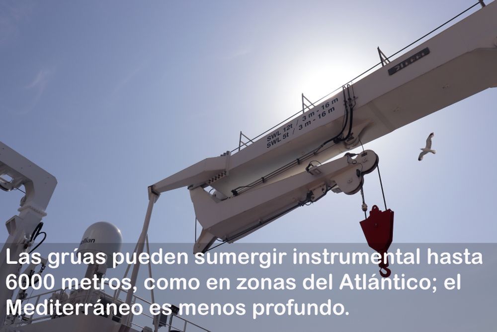 Desde el buque se puede sumergir en el mar instrumental científico hasta 6 mil metros de profundidad. En la imagen, una de las grúas del buque.