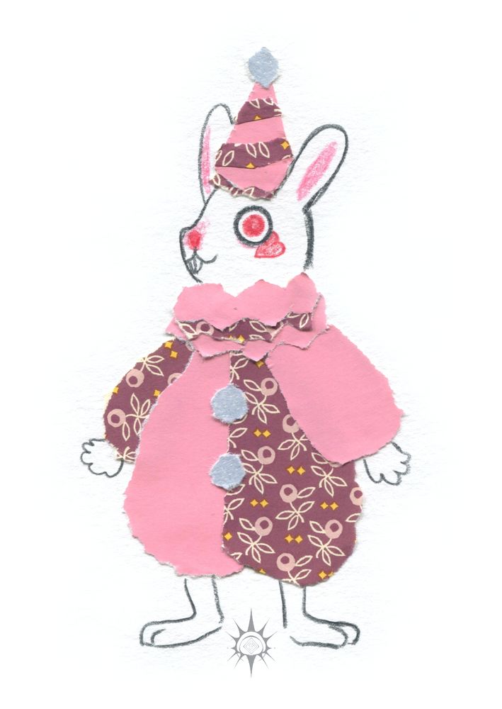 illustration in cut paper and pencil of a white bunny wearing a pink and burgundy clown outfit