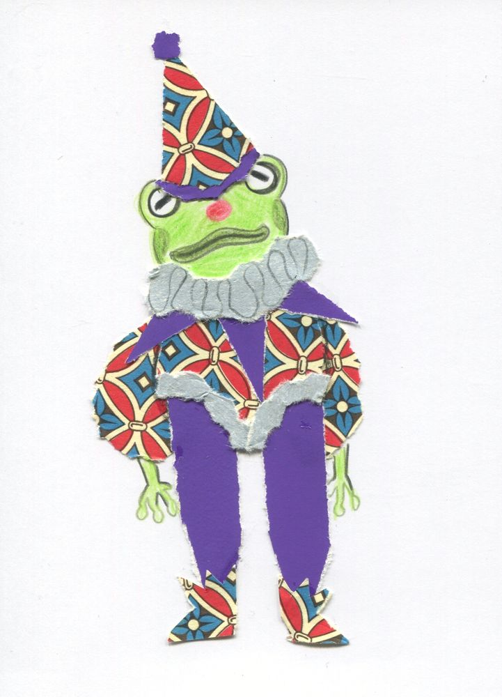 scann of a traditional art piece, showing a frog in a purple and red-blue clown outfit