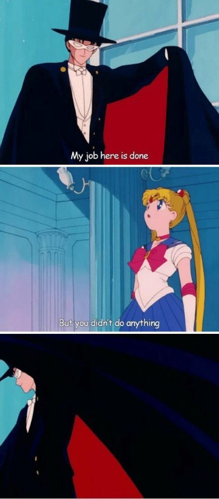 Sailor moon meme
Image 1: tuxedo mask says "my job here is done"
Image 2: sailor moon looks at him and says "but you didnt do anything"
Image 3: tuxedo mask flares his cape and is leaving the scene as if he his satisfied with his involvement and everyone should be grateful.