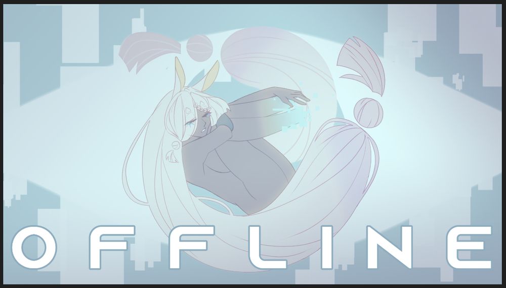 A light blue Offline image of VTuber AION with his knees drawn in, eyes closed. It is implied that he is asleep, hair circling around him. It is difficult to see, however the shape of an eye is in the background, AION's curled up form  basically being the central iris.